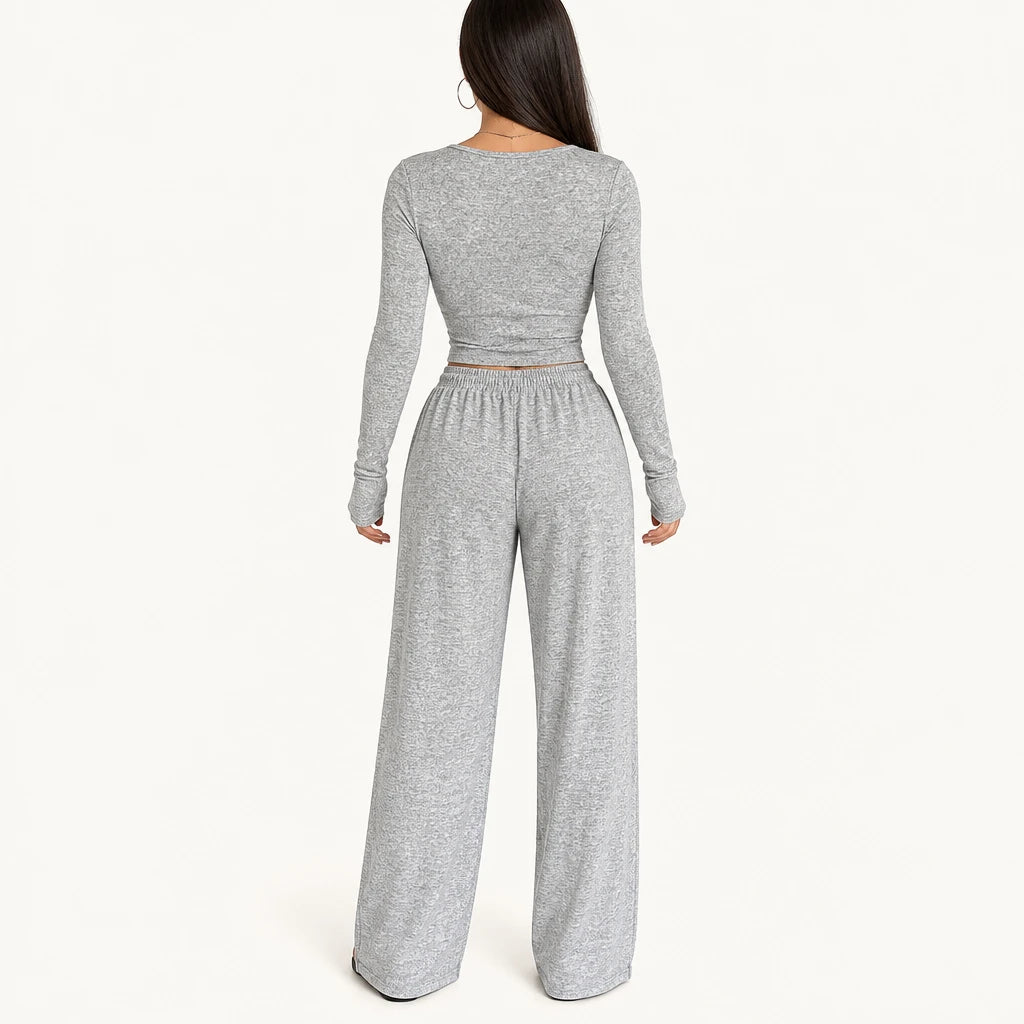 Pyjama Femme Crop Top Épaule Dénudée Pantalon Large