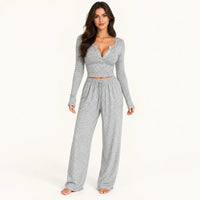 Pyjama Femme Crop Top Épaule Dénudée Pantalon Large