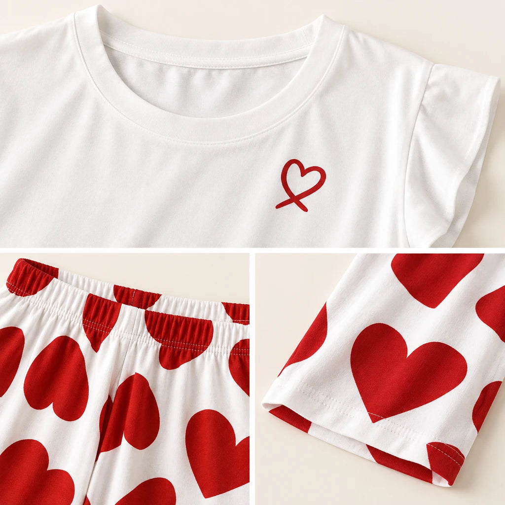 Pyjama Femme Haut Volanté Pantalon Imprimé Cœurs