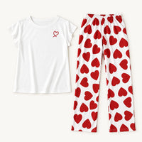 Pyjama Femme Haut Volanté Pantalon Imprimé Cœurs