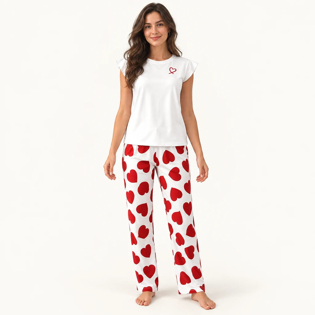 Pyjama Femme Haut Volanté Pantalon Imprimé Cœurs