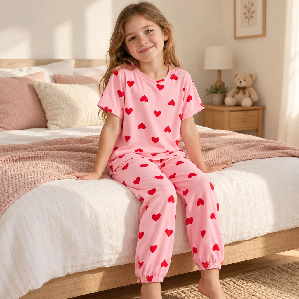 Pyjama Fille 3 Pièces Rose Imprimé Cœurs