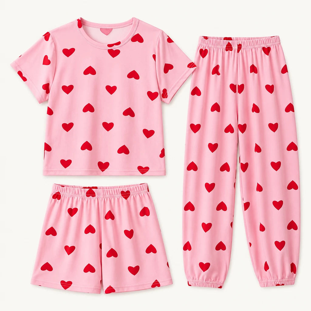 Pyjama Fille 3 Pièces Rose Imprimé Cœurs