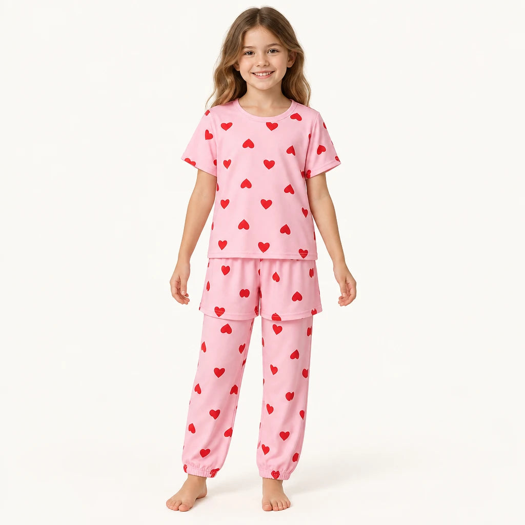 Pyjama Fille 3 Pièces Rose Imprimé Cœurs