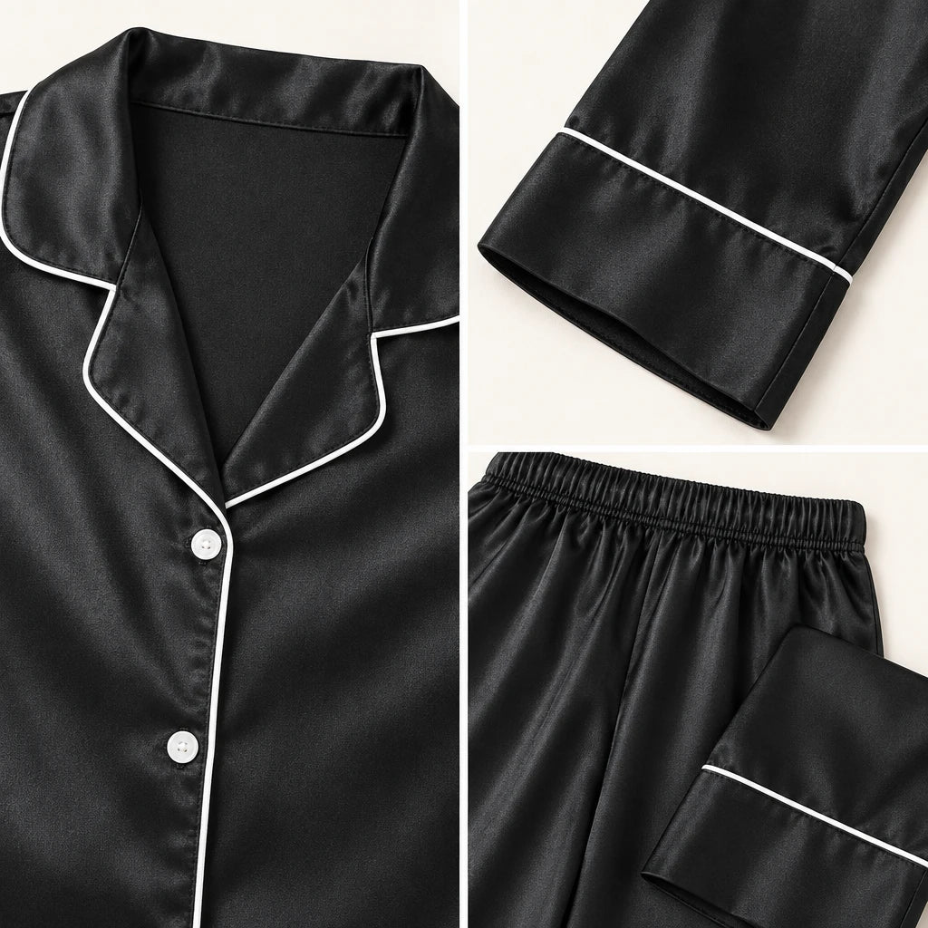 Pyjama Vêtement De Nuit Satin Noir Liseré Contrastant