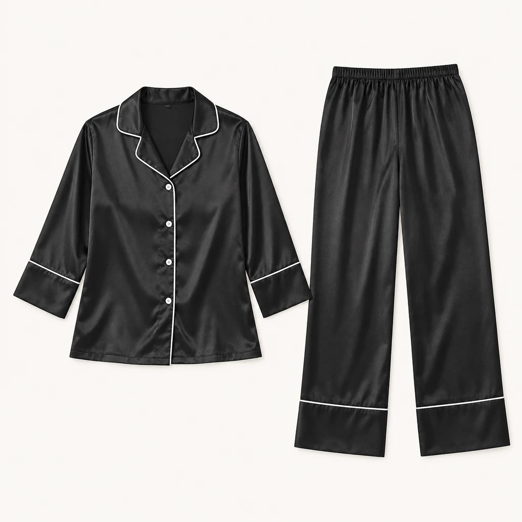 Pyjama Vêtement De Nuit Satin Noir Liseré Contrastant