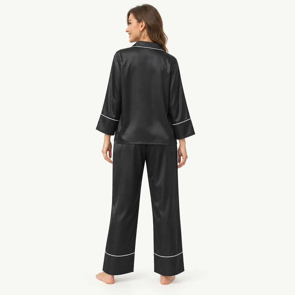Pyjama Vêtement De Nuit Satin Noir Liseré Contrastant