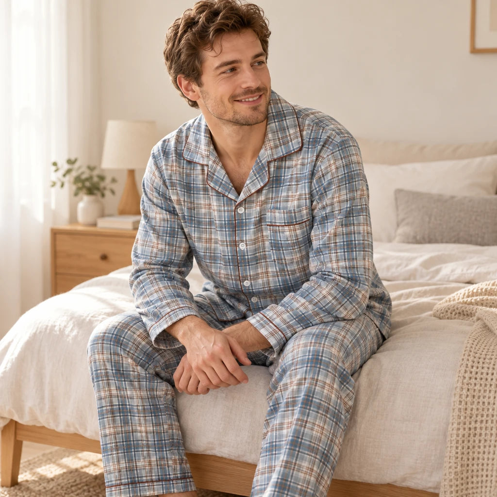 Pyjama Vêtements De Nuit Homme Carreaux En Coton Image